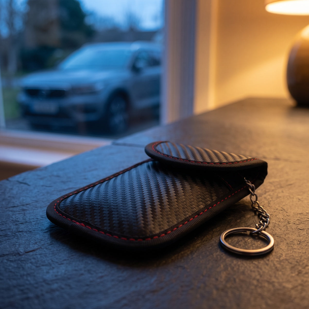 Closed KeyQuiet pouch on an entry console in the evening