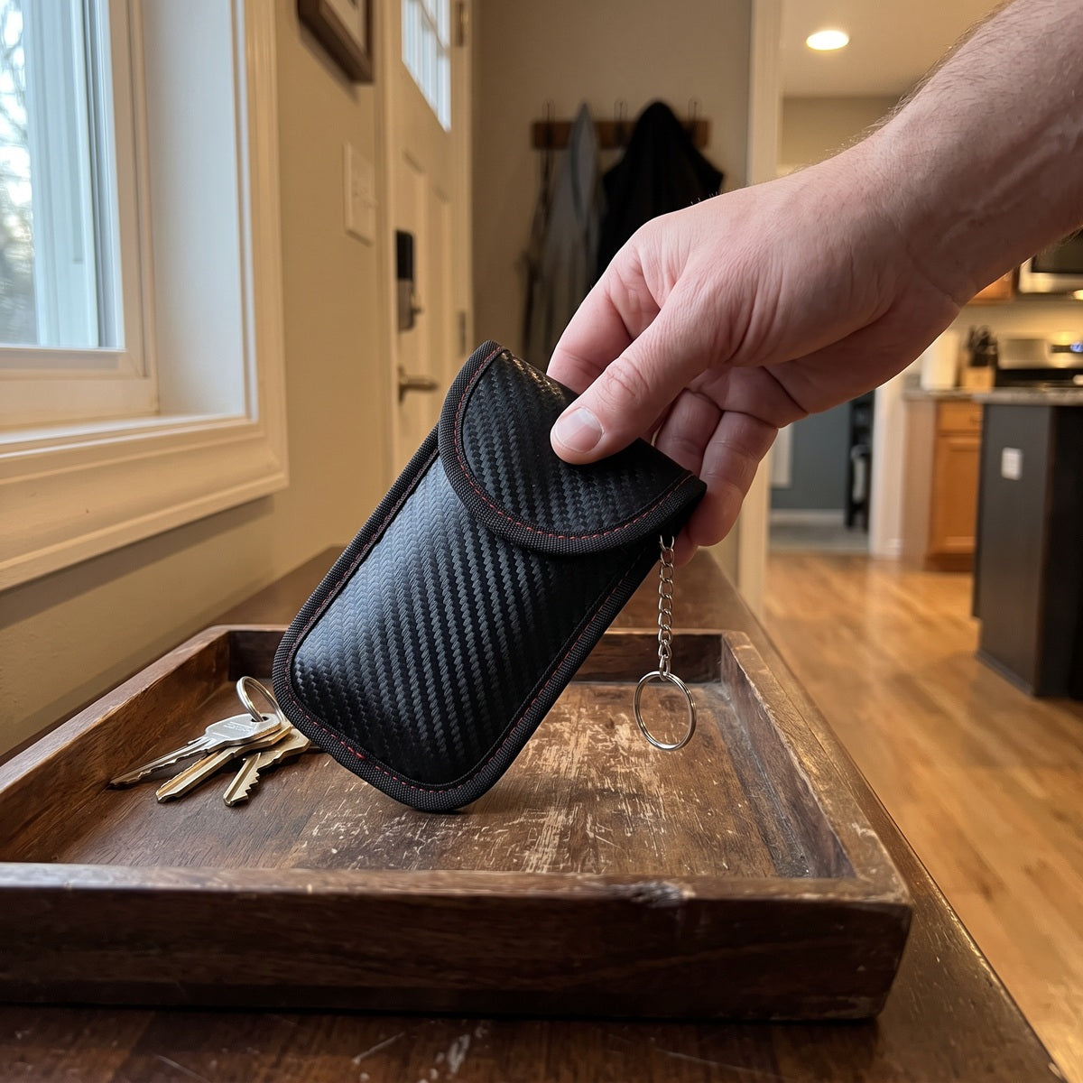 Hand placing a closed pouch in an entry tray