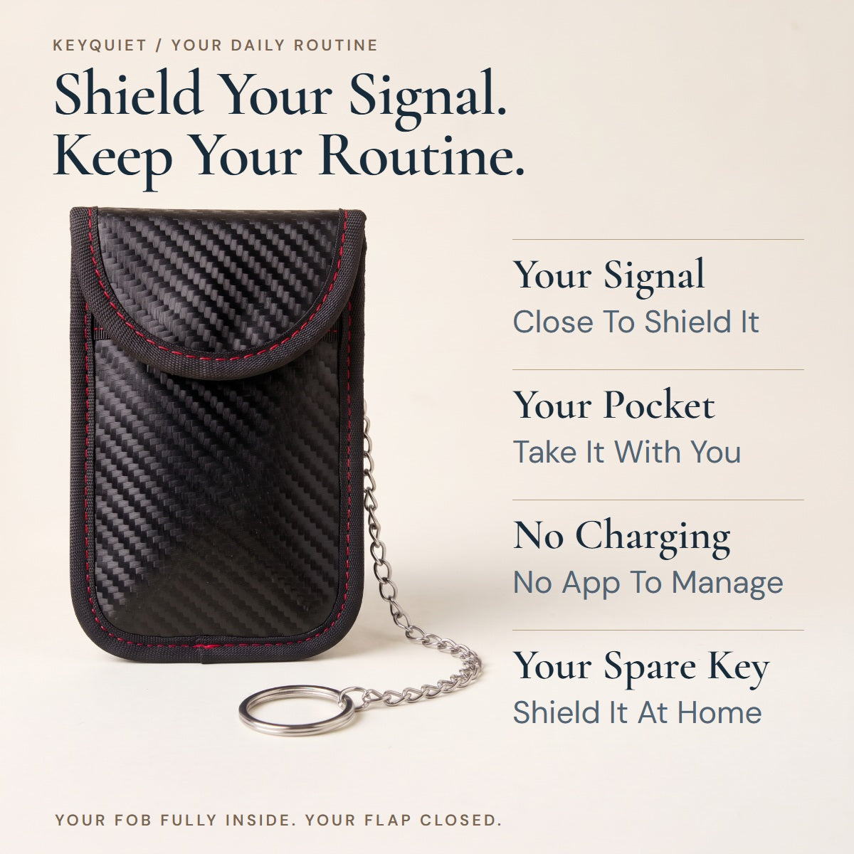 KeyQuiet pouch with four benefits in serif type