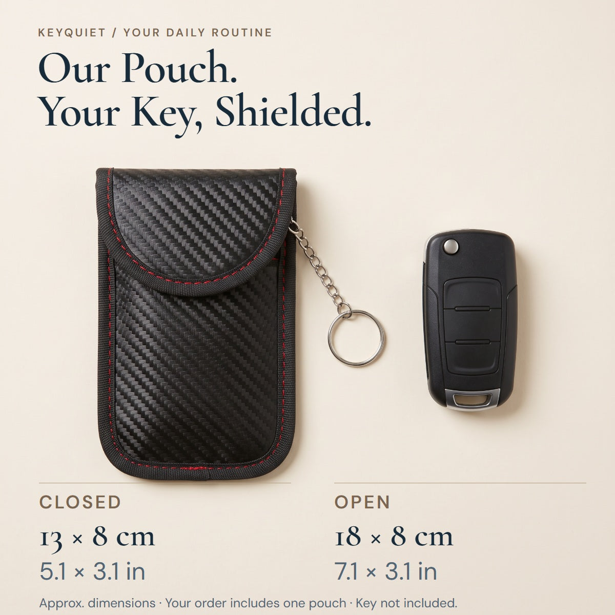 KeyQuiet pouch and fob, with cm and inch dimensions